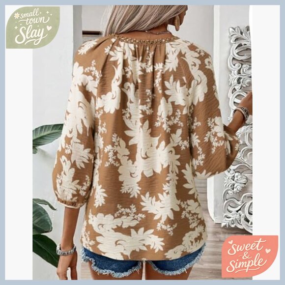 Linen Blend 3/4 Sleeve V-Neck Tunic Top Boho Floral Print Loose Fit - Picture 4 of 6